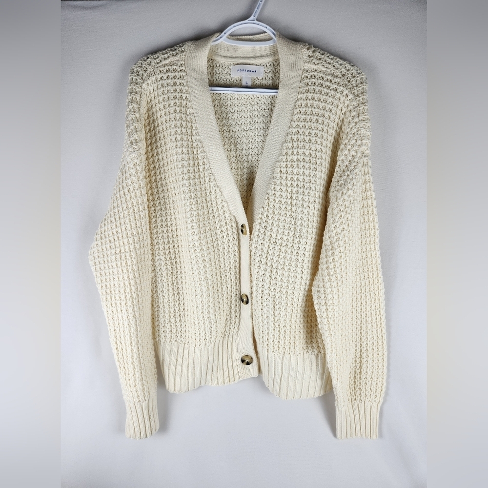 Popsugar Ivory Sz L Long Sleeve Knit Cardigan with Faux Tortoise Shell Buttons.